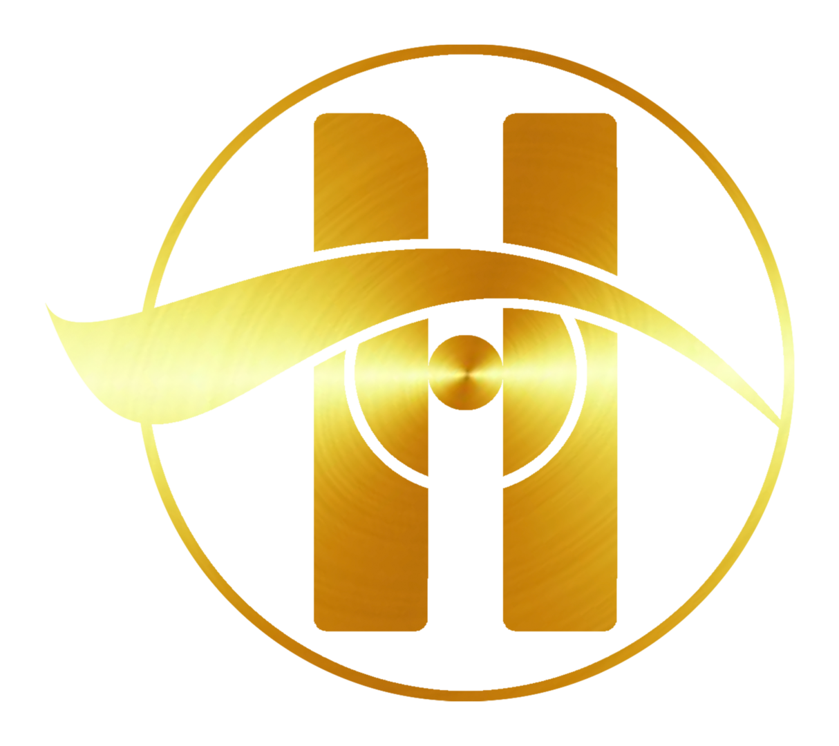 A gold colored logo of the h company.