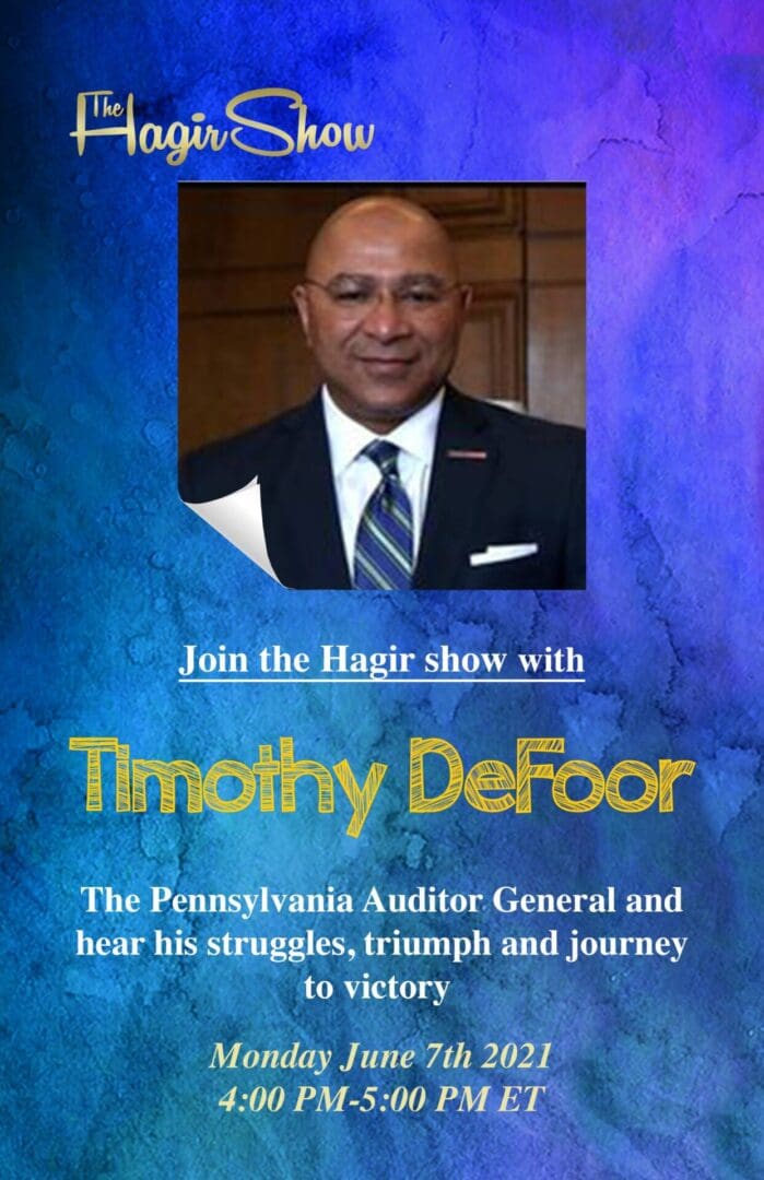 A poster with a picture of a man and the words " join the hagir show with timothy defoor ".